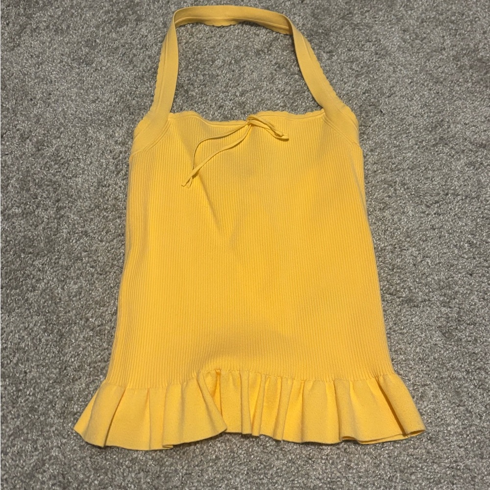 Aritzia Orange-Yellow Ribbed Halter Top with Ruffle Hem